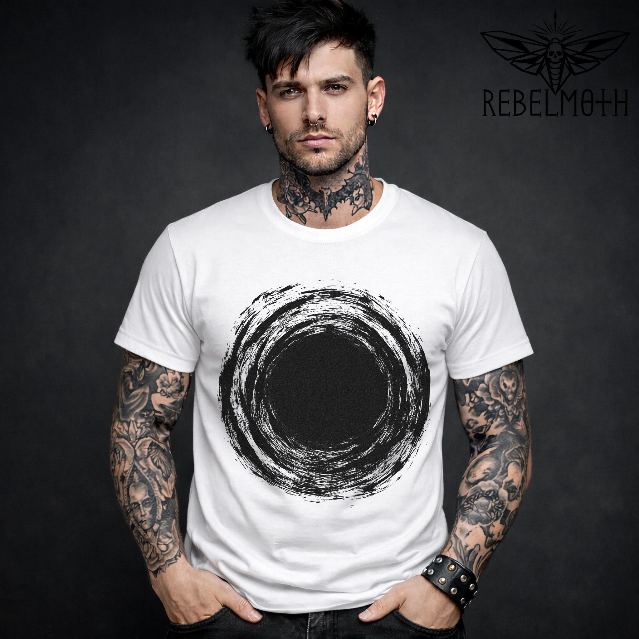 White t-shirt with black hole vortex circle graphic in rough brush style (minimal design)