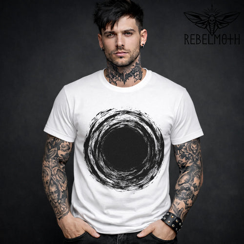 White t-shirt with black hole vortex circle graphic in rough brush style (minimal design)