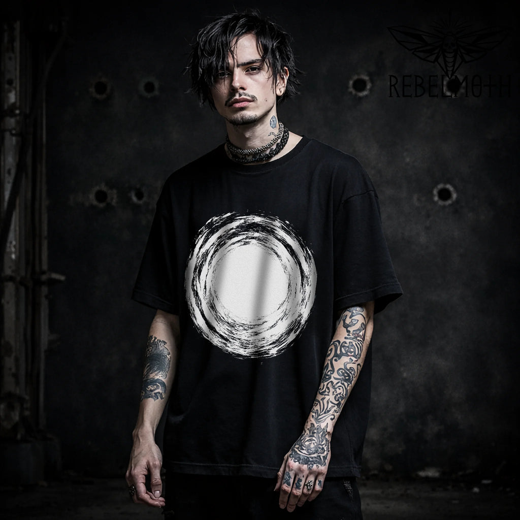 Black t-shirt with black hole vortex circle graphic in rough brush style (minimal alt design)