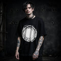 Black t-shirt with black hole vortex circle graphic in rough brush style (minimal alt design)