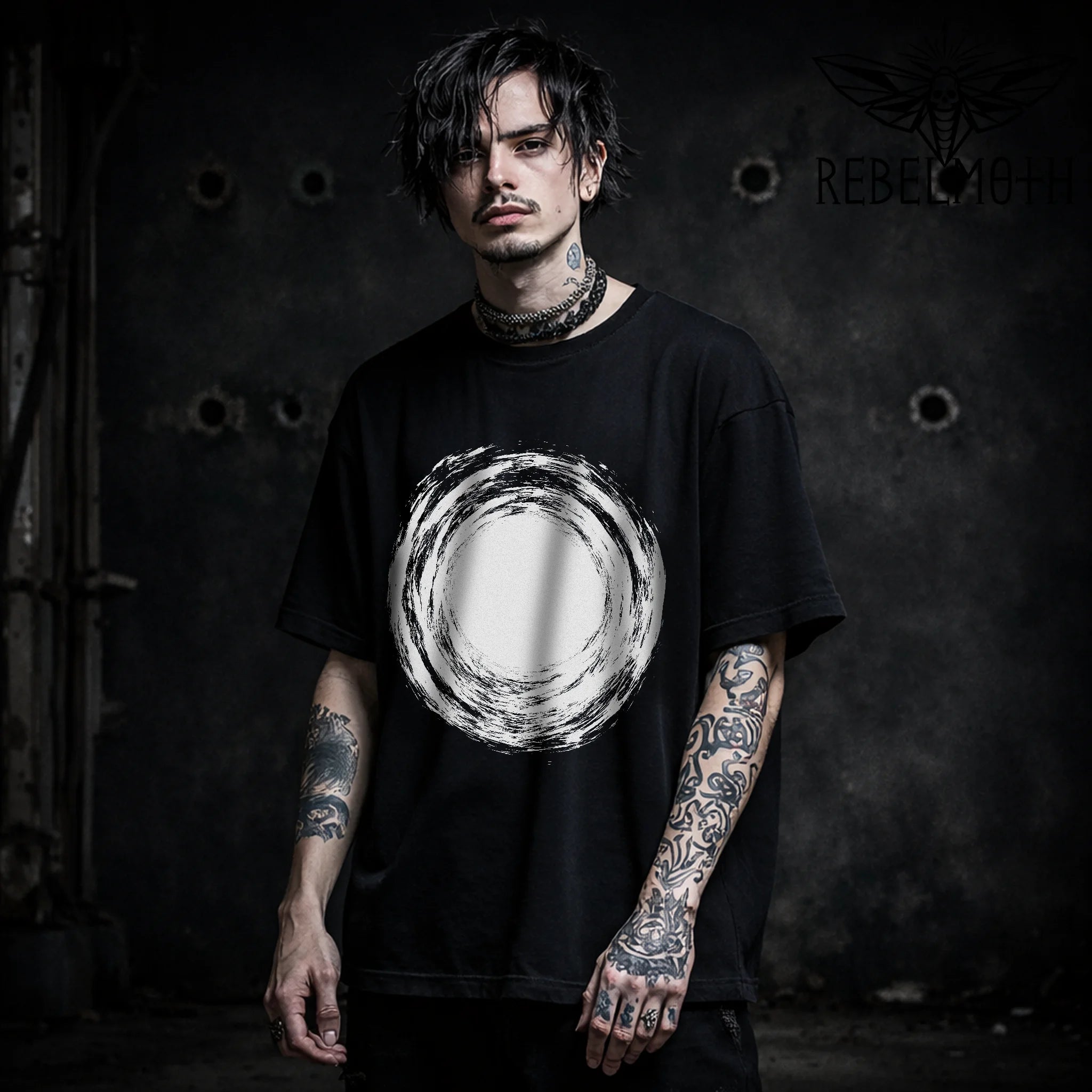Black t-shirt with black hole vortex circle graphic in rough brush style (minimal alt design)