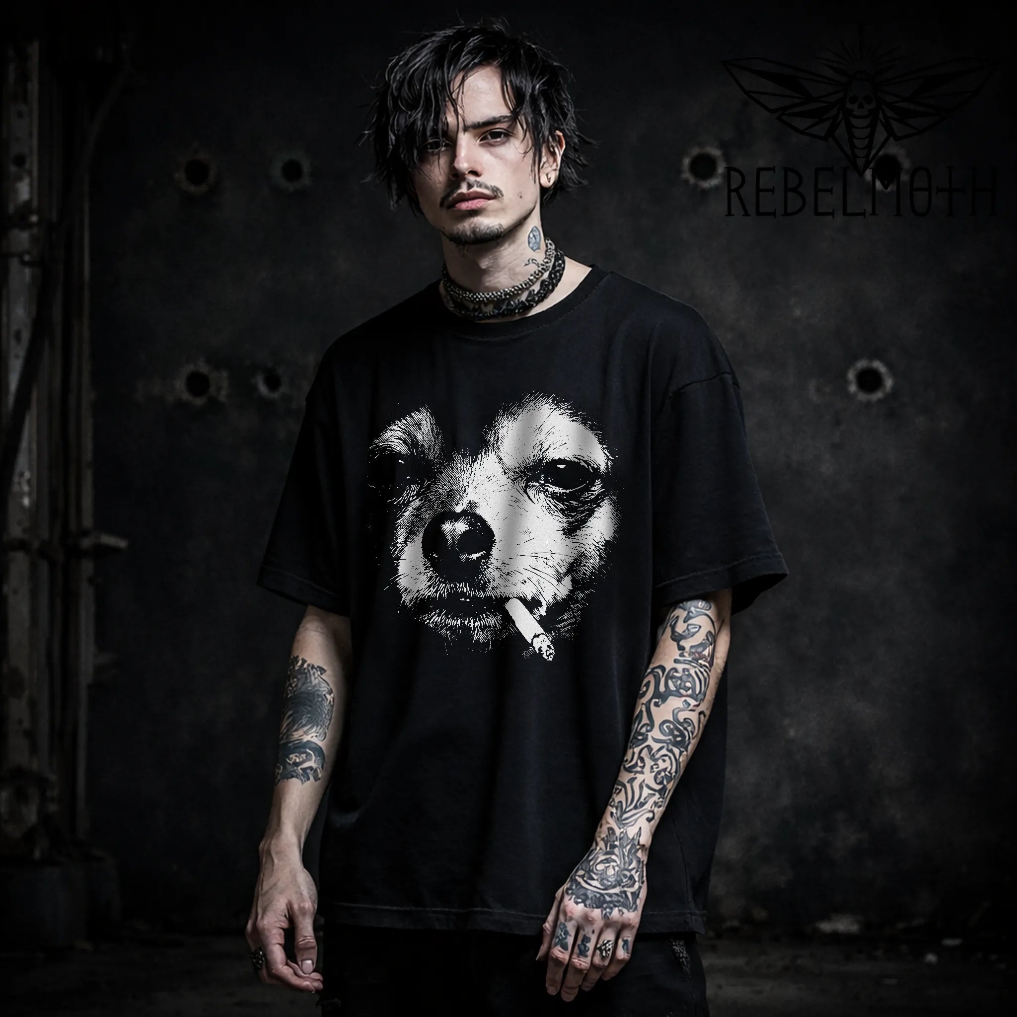Black smoking chihuahua T-shirt with white vintage-style dog face graphic by RebelMoth