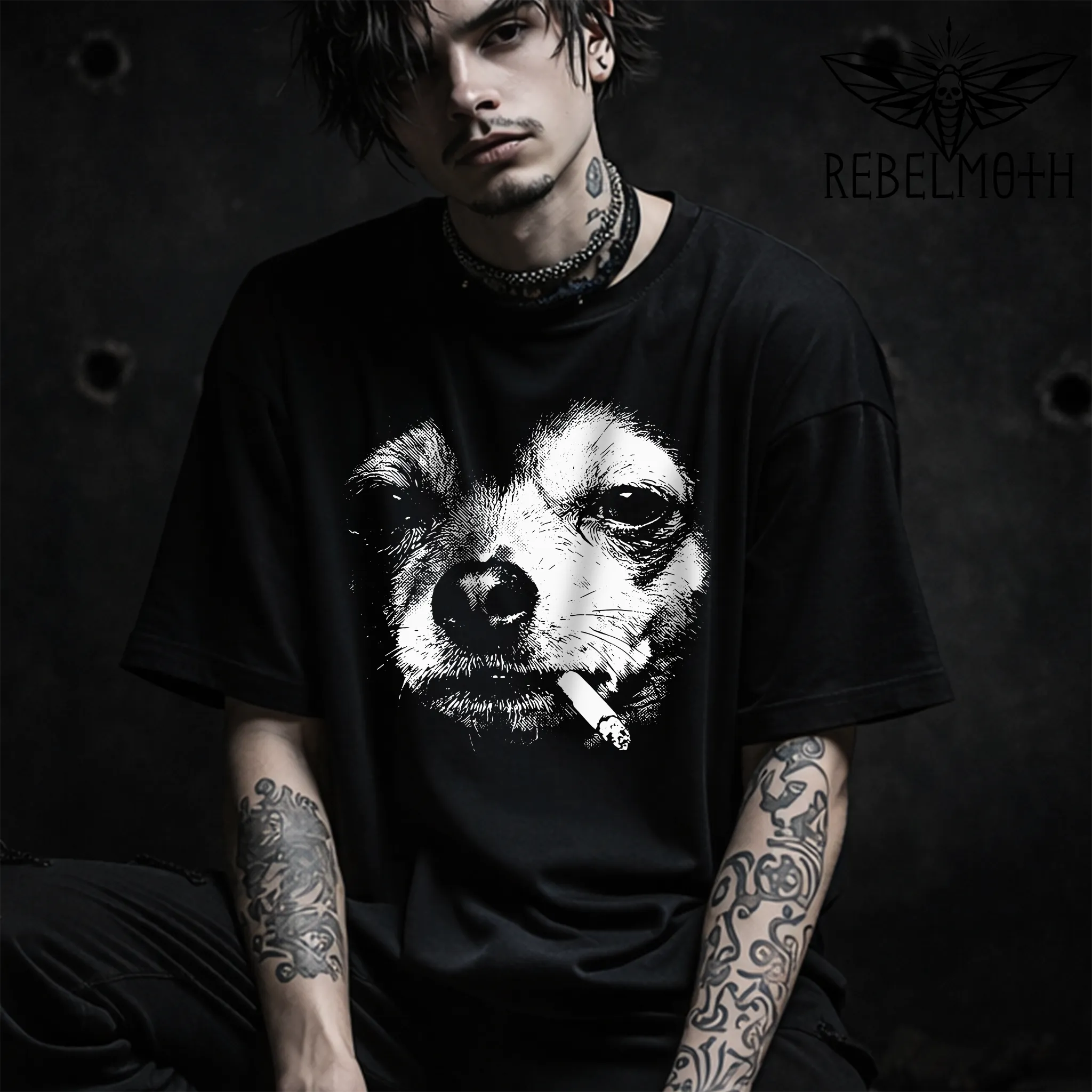 A man wearing a Black smoking chihuahua T-shirt with white vintage-style dog face graphic by RebelMoth