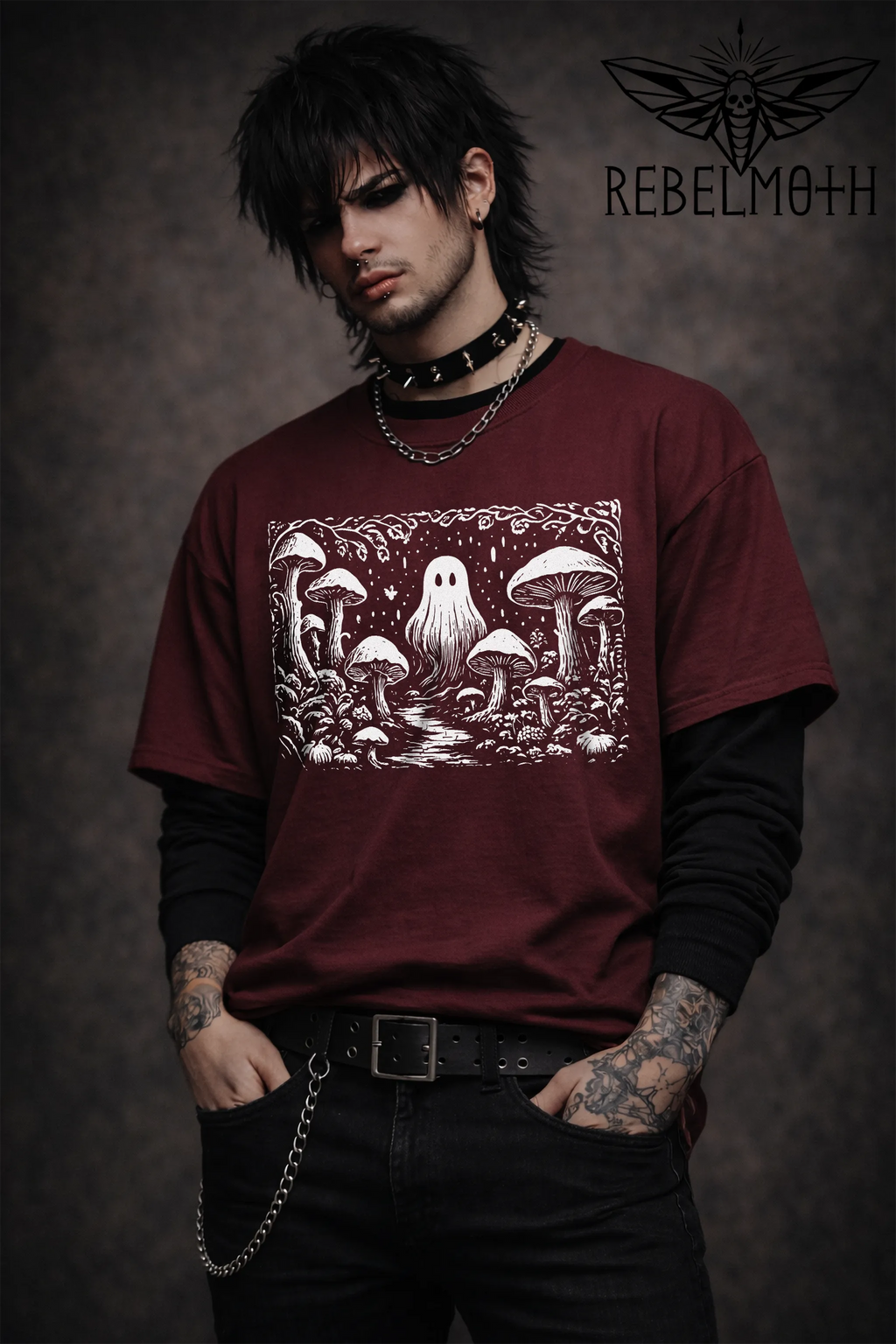 Model wearing a maroon mushroom forest ghost weirdcore linocut goth tee, front view