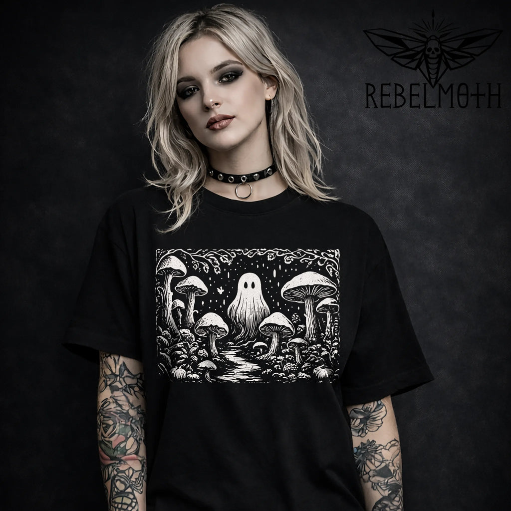 Black t-shirt with linocut-style ghost in a mushroom forest graphic (weirdcore goth tee)