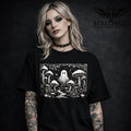 Black t-shirt with linocut-style ghost in a mushroom forest graphic (weirdcore goth tee)