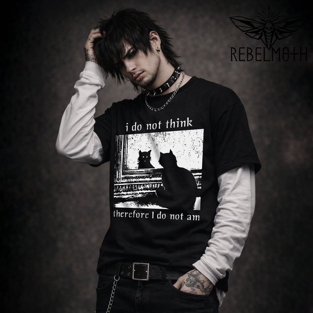 I Do Not Think Therefore I Do Not Am T-shirt with monochrome nihilist cat graphic by RebelMoth