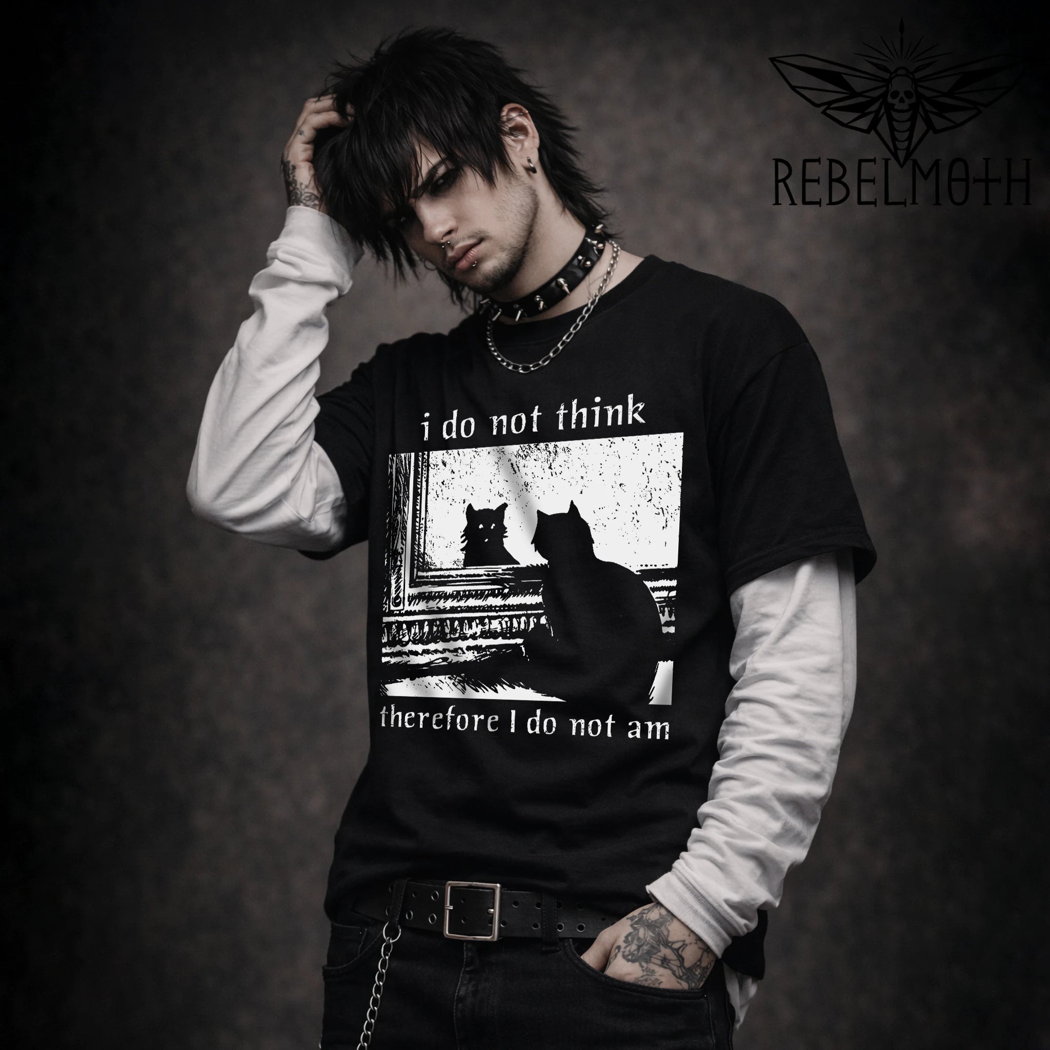 I Do Not Think Therefore I Do Not Am T-shirt with monochrome nihilist cat graphic by RebelMoth