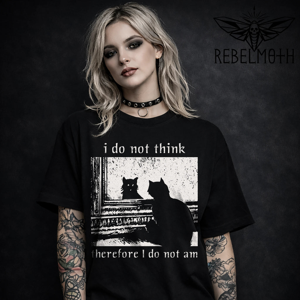 I Do Not Think Therefore I Do Not Am T-shirt with monochrome nihilist cat graphic by RebelMoth
