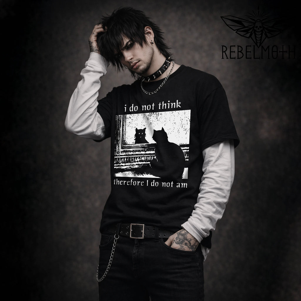 I Do Not Think Therefore I Do Not Am T-shirt with monochrome nihilist cat graphic by RebelMoth