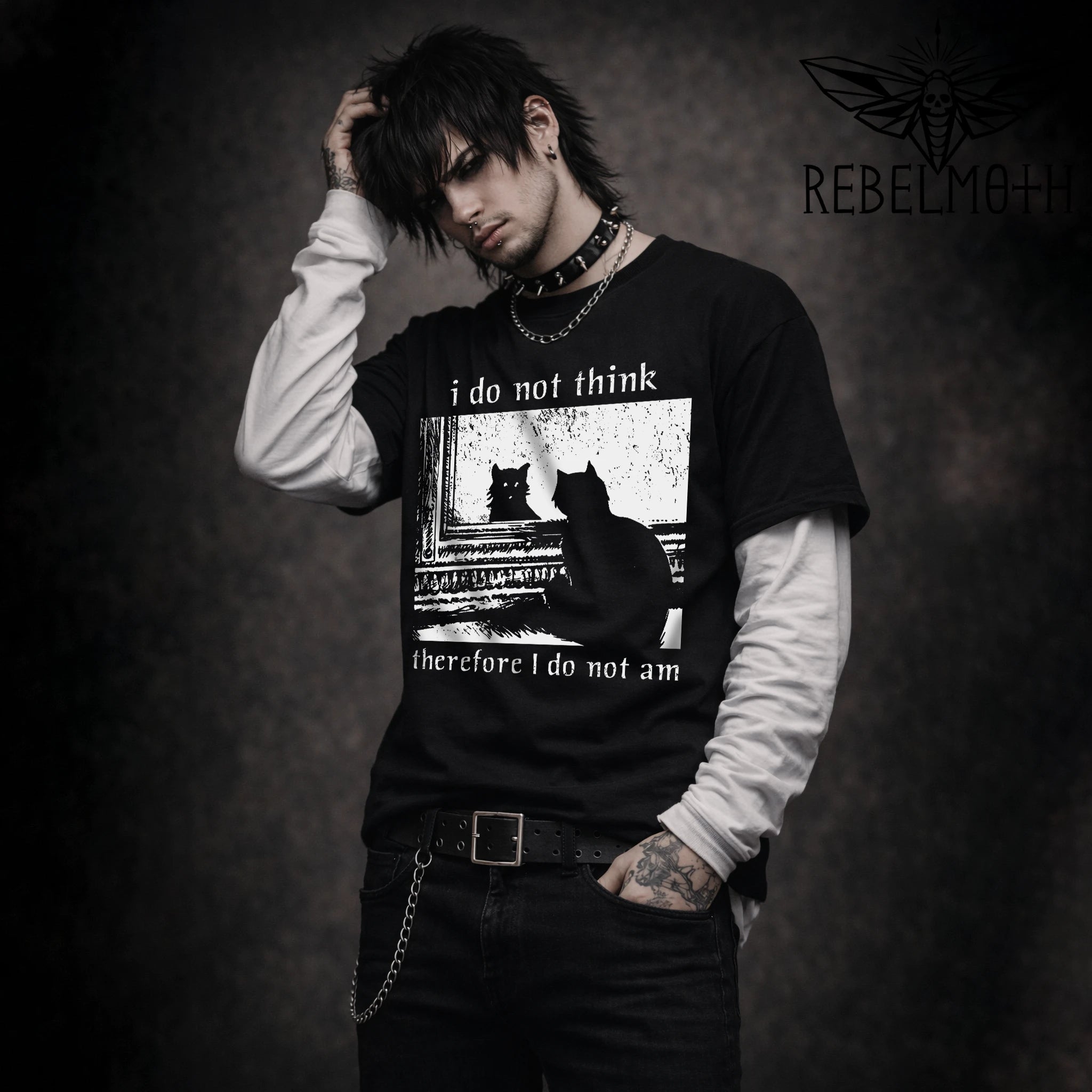 I Do Not Think Therefore I Do Not Am T-shirt with monochrome nihilist cat graphic by RebelMoth