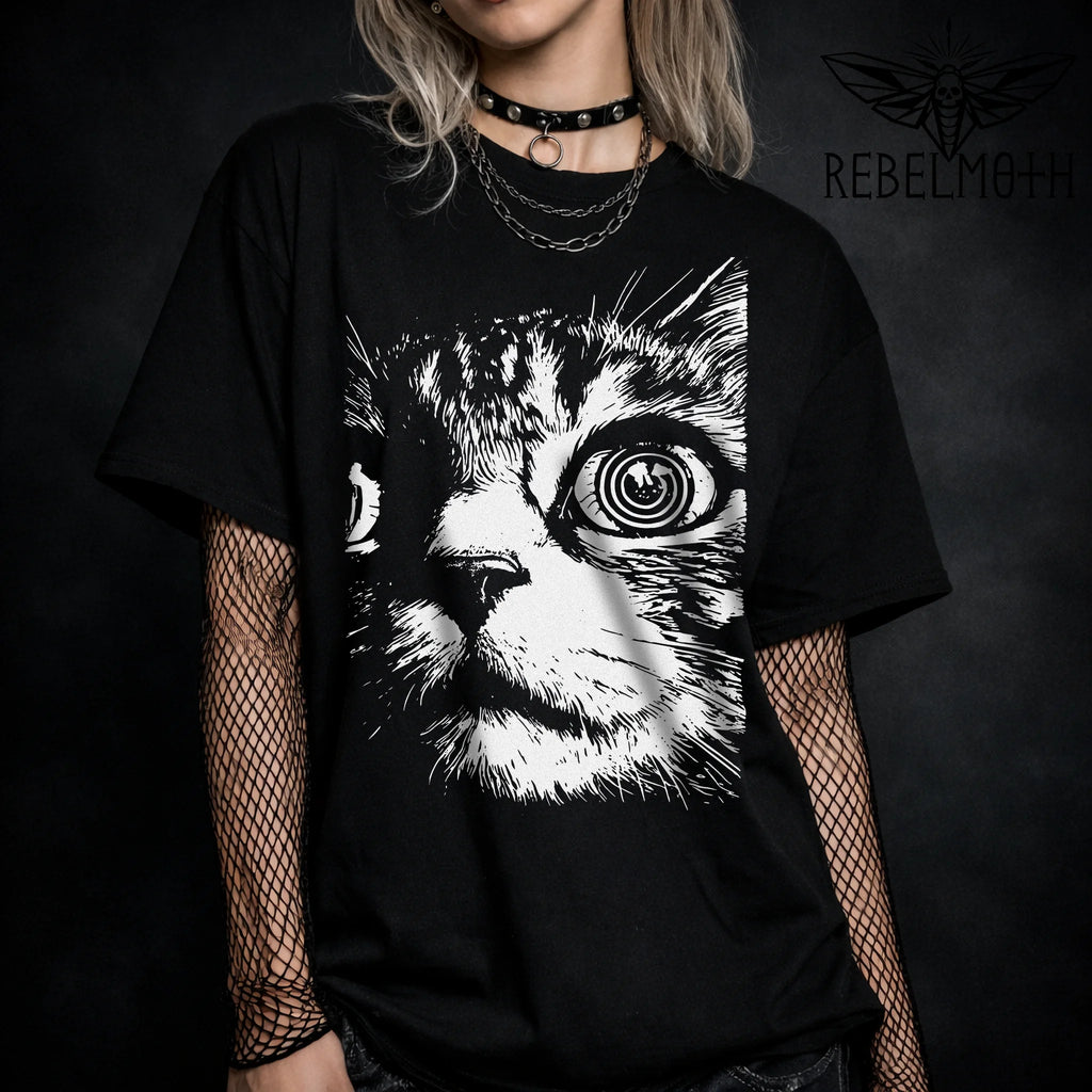 Trippy psychedelic cat t-shirt with a hypnotic spiral eye graphic in bold black-and-white. Weird, edgy streetwear tee for alt outfits.