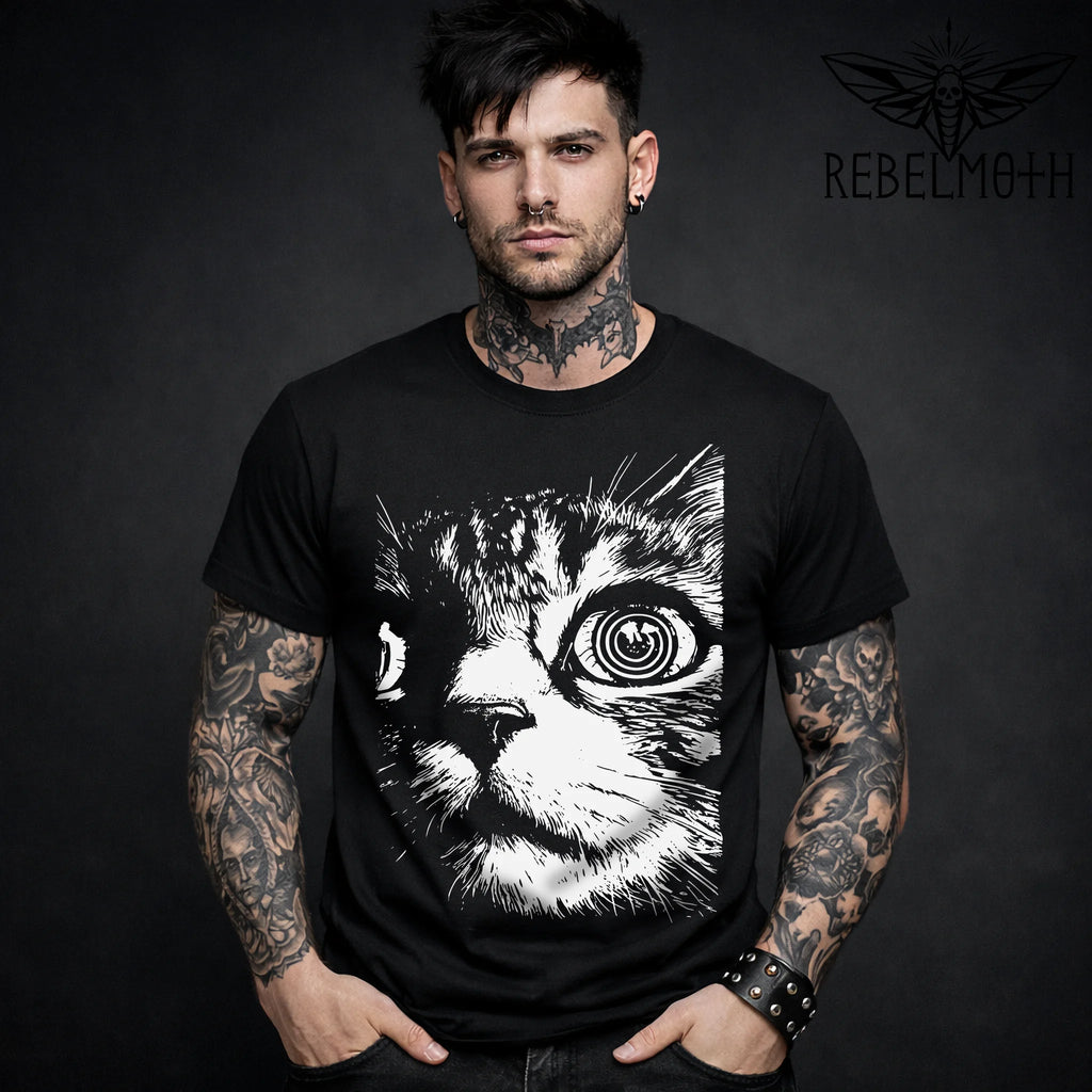 Trippy psychedelic cat t-shirt with a hypnotic spiral eye graphic in bold black-and-white. Weird, edgy streetwear tee for alt outfits.