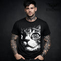 Trippy psychedelic cat t-shirt with a hypnotic spiral eye graphic in bold black-and-white. Weird, edgy streetwear tee for alt outfits.