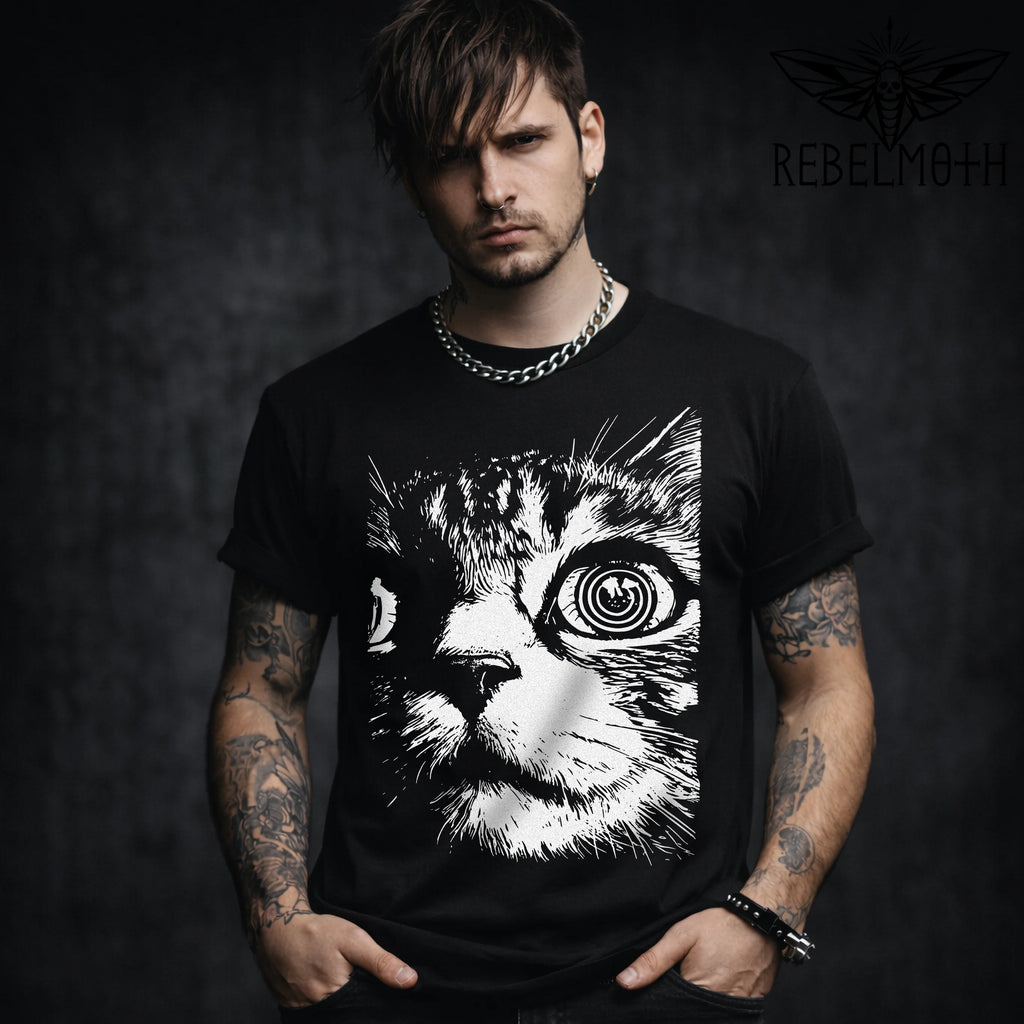 Trippy psychedelic cat t-shirt with a hypnotic spiral eye graphic in bold black-and-white. Weird, edgy streetwear tee for alt outfits.