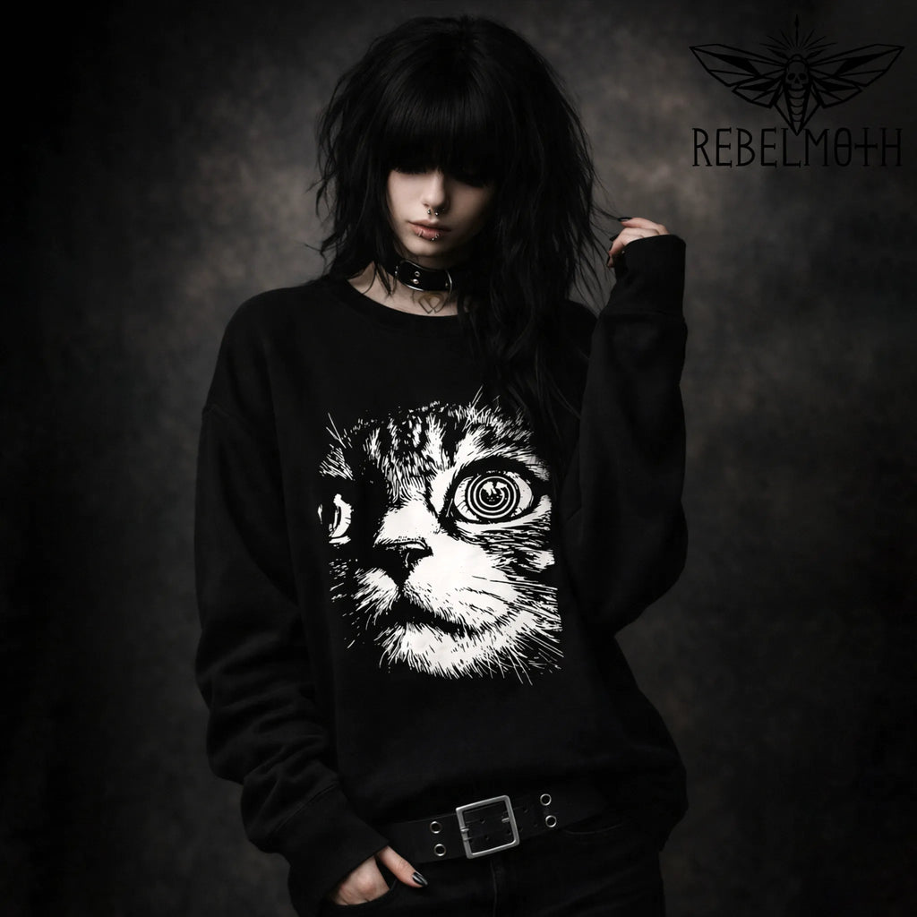 Psychedelic Cat crewneck sweatshirt with  for alt, goth-grunge, and weird outfits.