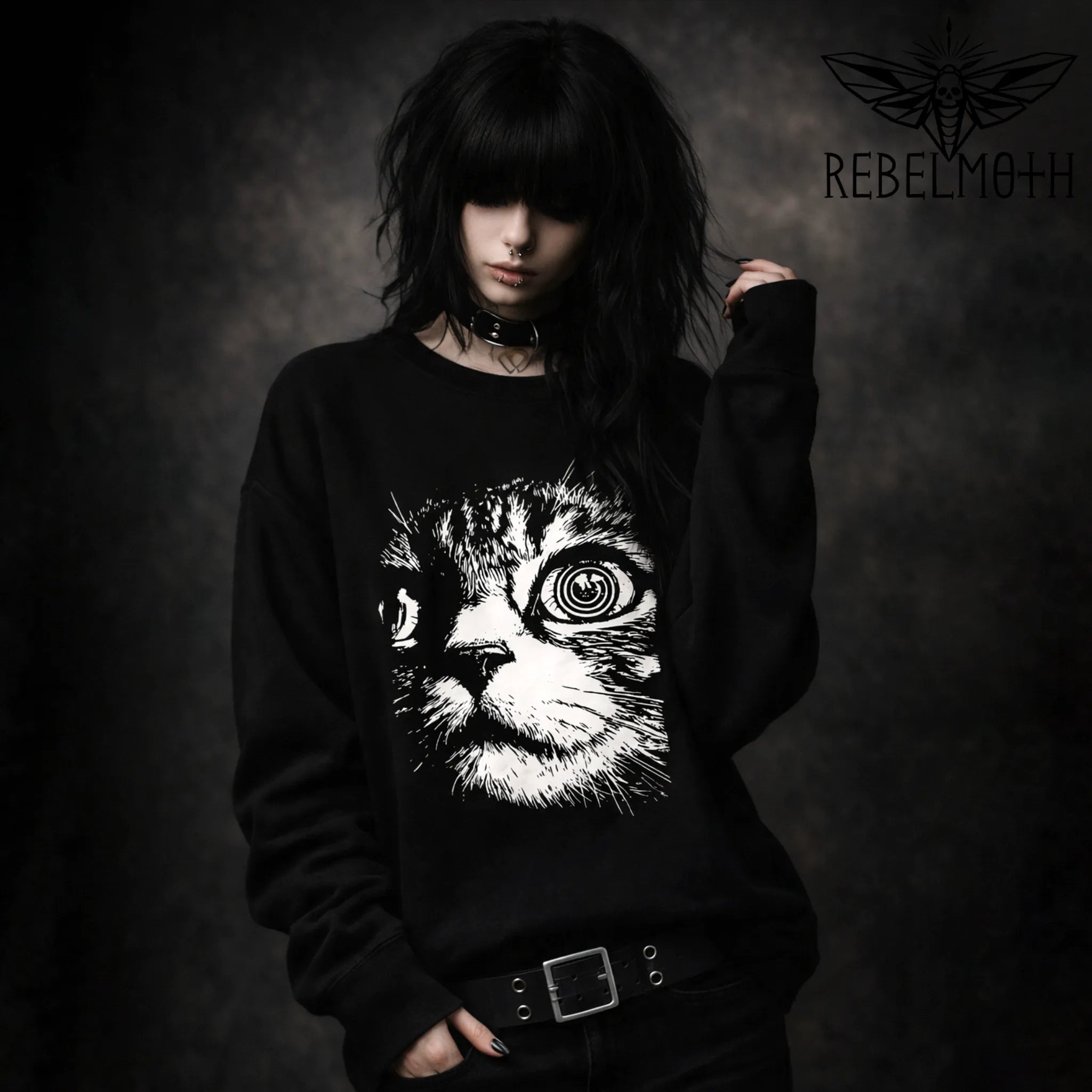 Psychedelic Cat crewneck sweatshirt with  for alt, goth-grunge, and weird outfits.