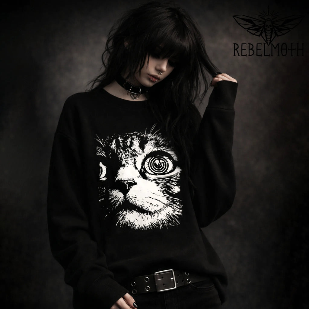 Psychedelic Cat Sweatshirt, Black Grunge Alt Crewneck