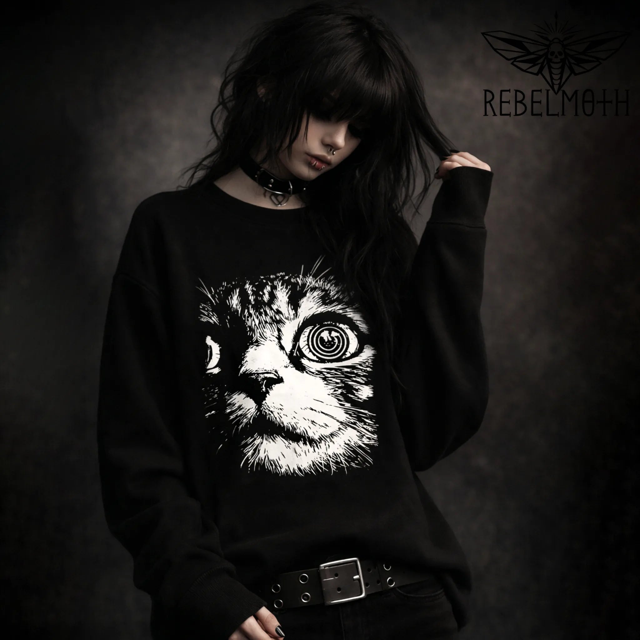 Psychedelic Cat Sweatshirt, Black Grunge Alt Crewneck
