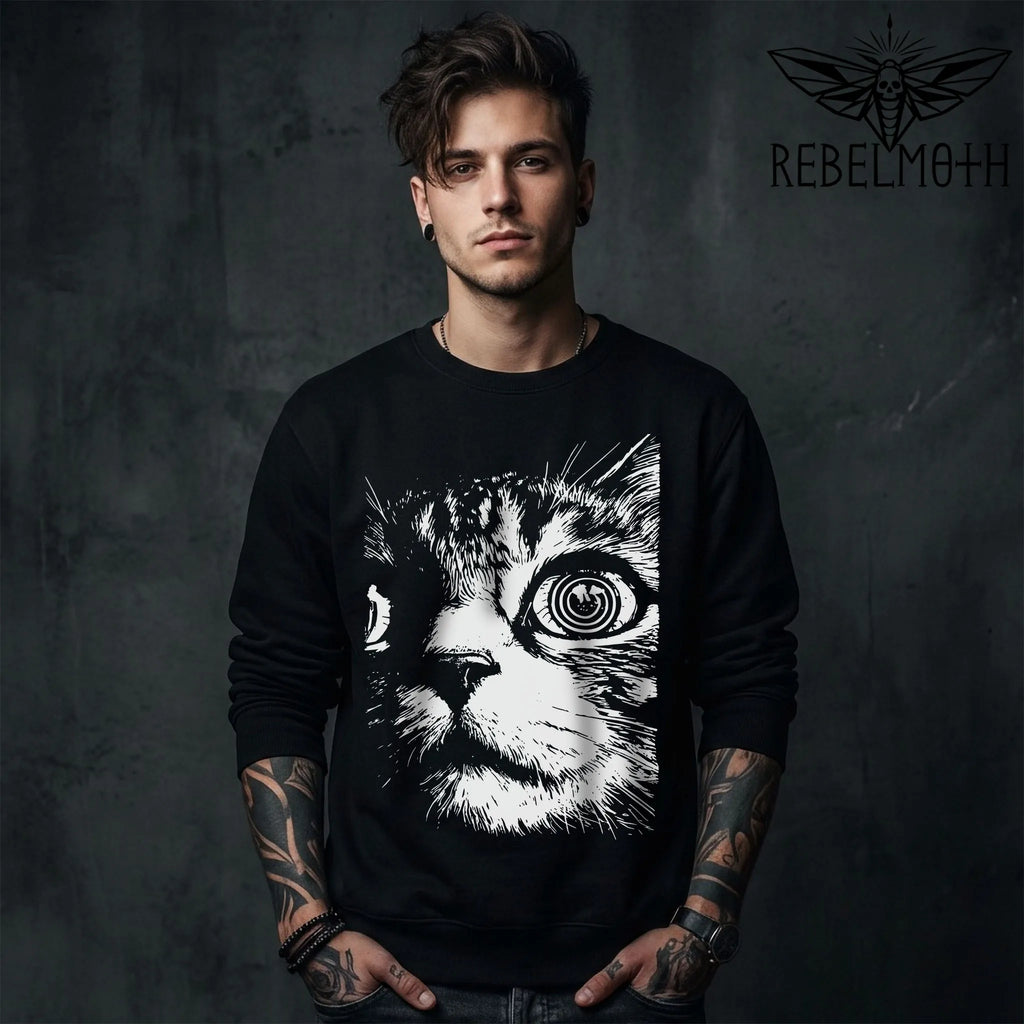Trippy Cat Sweatshirt – Psychedelic Graphic Crewneck, Alt Grunge Style