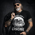 Black biker t-shirt with motorcycle wing badge graphic and “Bikers Don’t Go Grey We Turn Chrome”