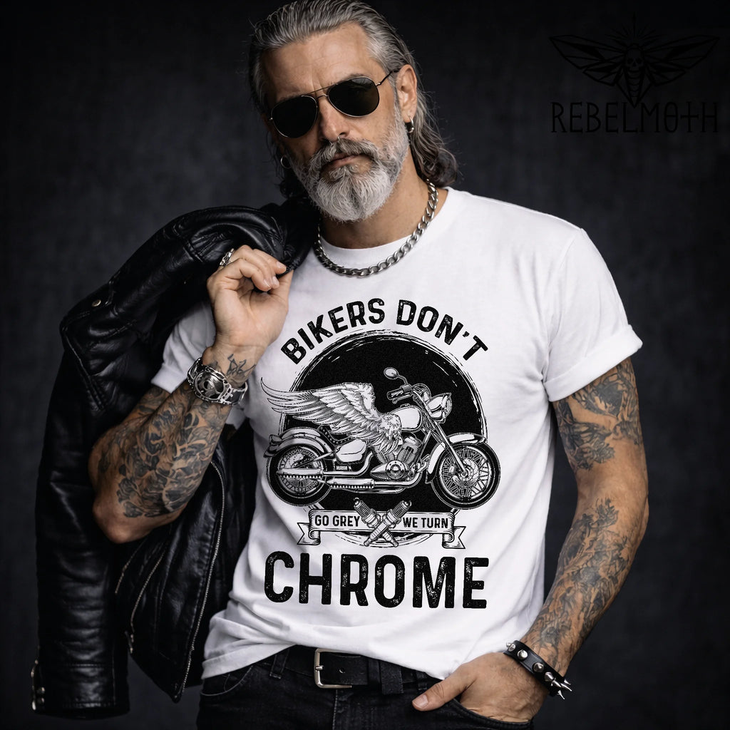Biker t-shirt with motorcycle wing graphic and “Bikers Don’t Go Grey We Turn Chrome” text
