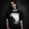 Black t-shirt with black cat silhouette profile graphic in a textured frame (dark aesthetic tee)