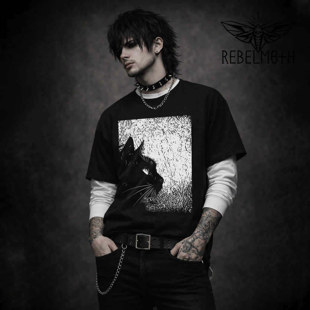 Man wearing black cat silhouette dark aesthetic graphic tee, front view