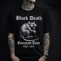 Black Black Death European Tour T-shirt with white plague rat graphic and gothic text by RebelMoth