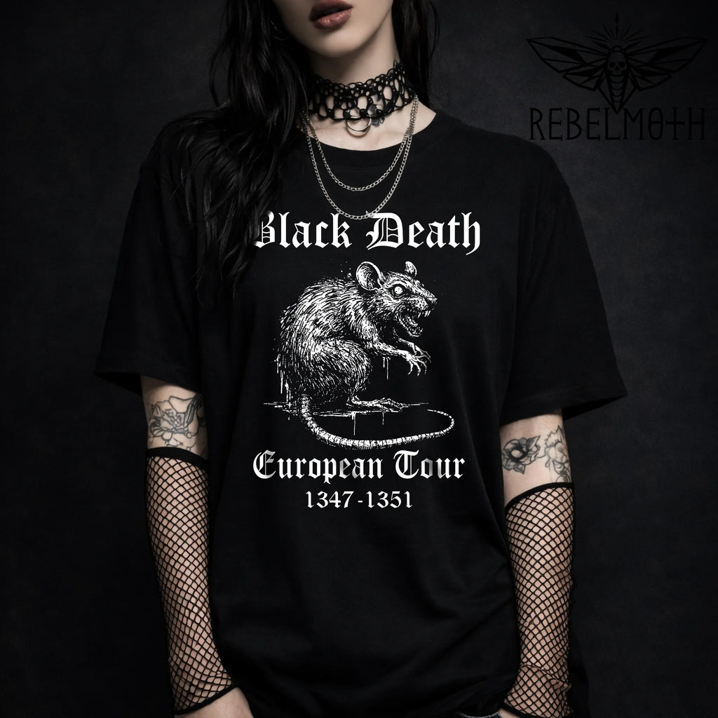 Black Black Death European Tour T-shirt with white plague rat graphic and gothic text by RebelMoth