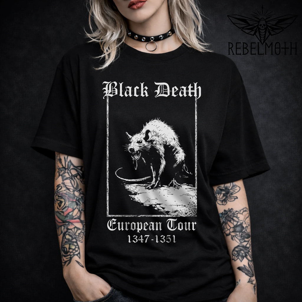 Woman wearing a Black t-shirt with plague rat graphic