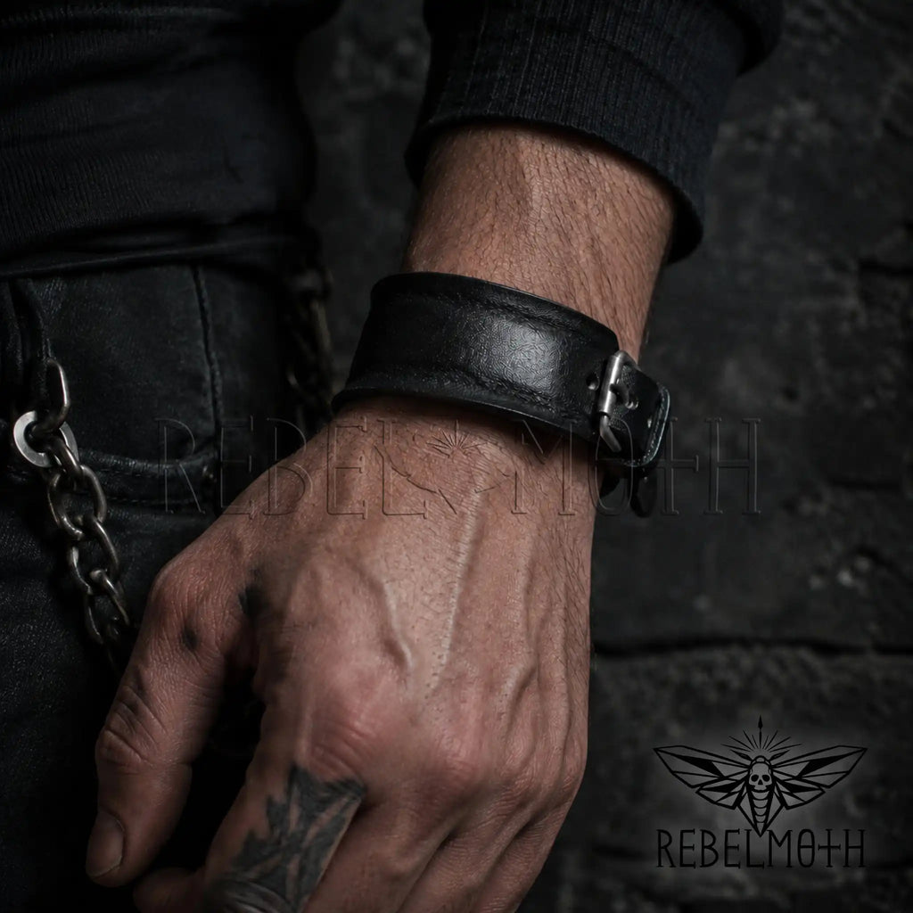 Black genuine leather cuff bracelet for men