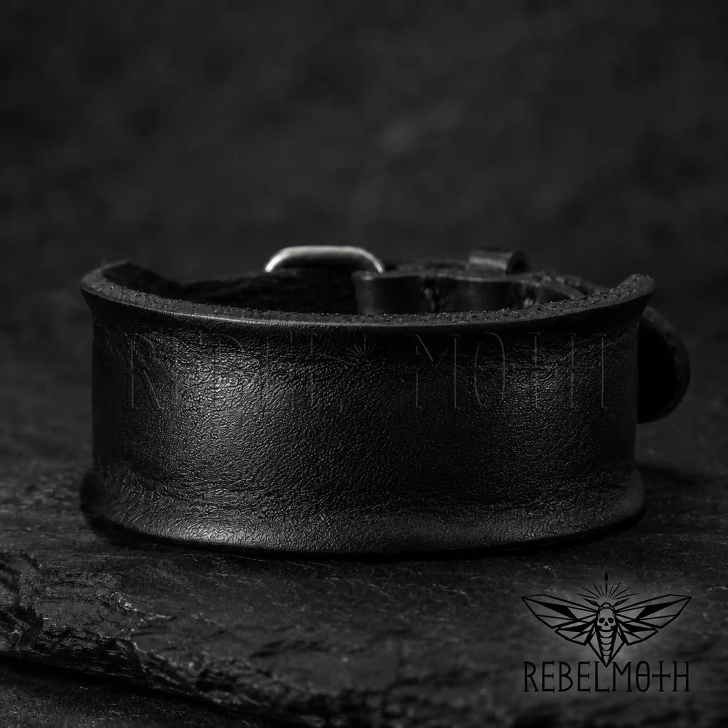 Black leather punk rock wristband for men