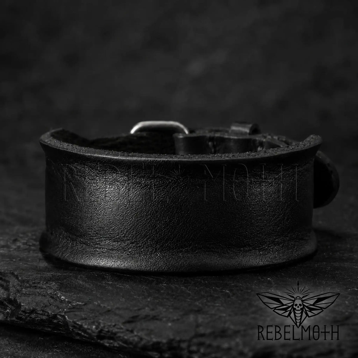 Black leather punk rock wristband for men