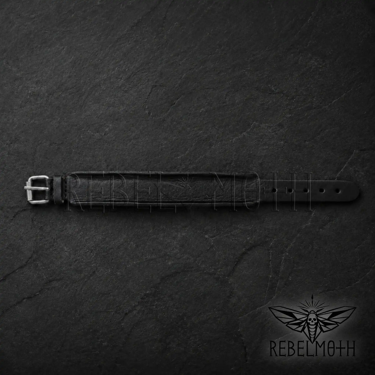 Black leather punk rock wristband for men