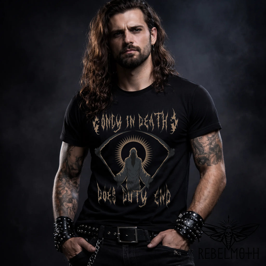 Black t-shirt with grim reaper graphic and black/death-metal style “Only in Death Does Duty End” lettering