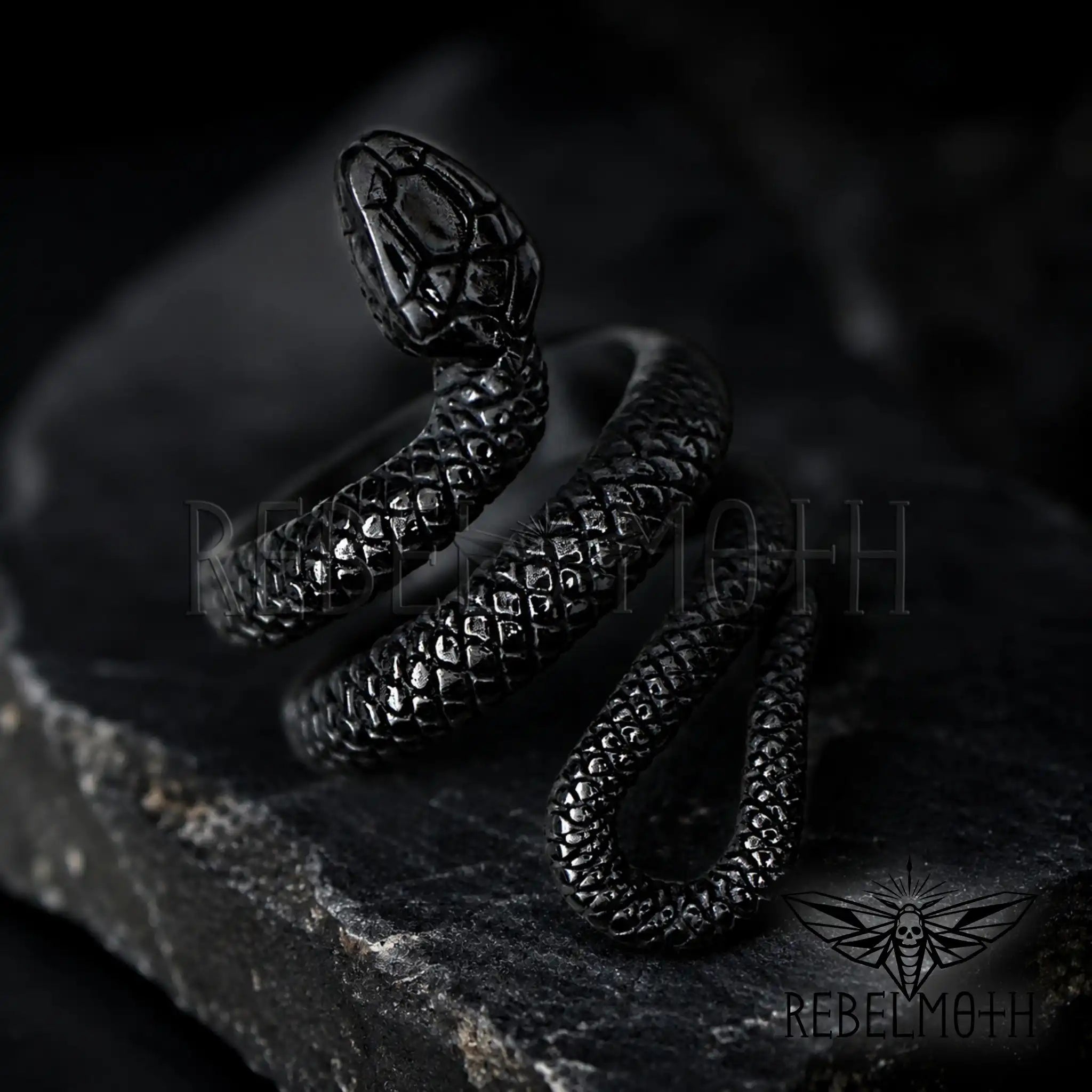Black stainless steel serpent wrap ring
