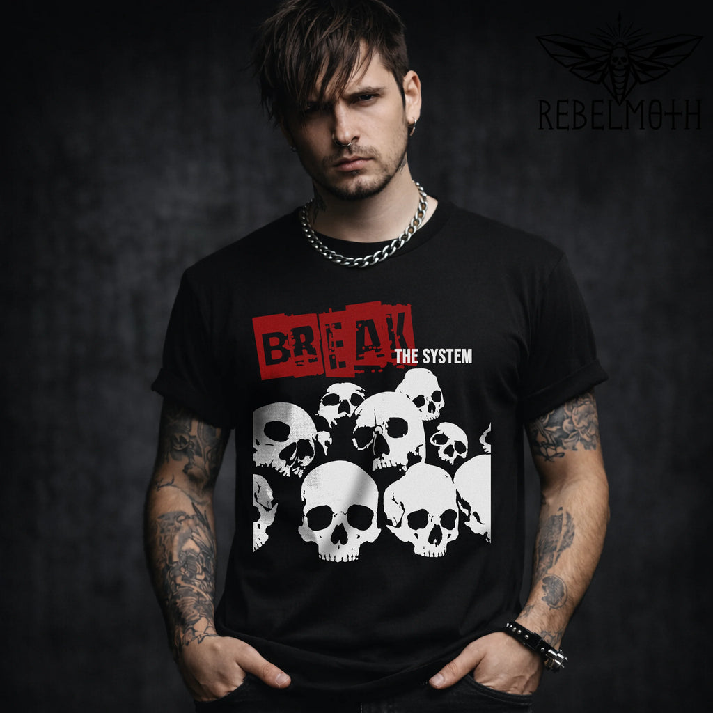 Break the System punk skull t-shirt with a bold skull crowd graphic and red stamp text. Grunge/alt streetwear statement tee for rebels.