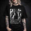 Black t-shirt with mystic forest woodcut roots graphic in white, hypnotic root linework