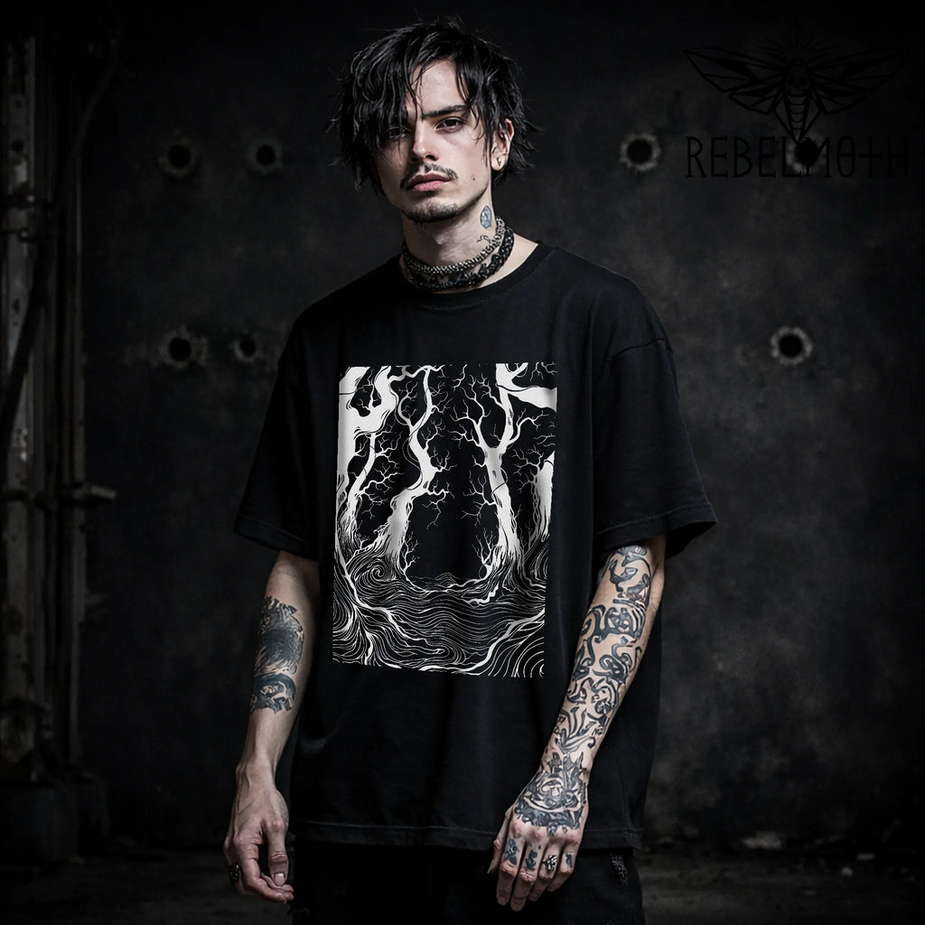 Black gothic t-shirt with mystic forest woodcut roots graphic in white, hypnotic root linework