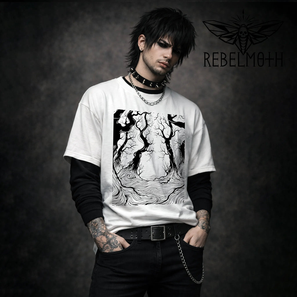 Gothic white t-shirt with mystic forest woodcut roots graphic in white, hypnotic root linework