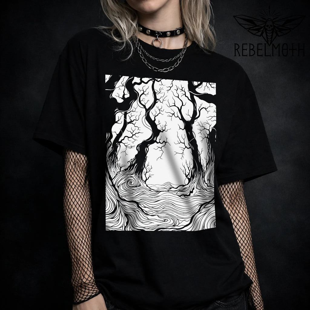 Black goth t-shirt with dark forest trees woodcut roots graphic in white, hypnotic root linework