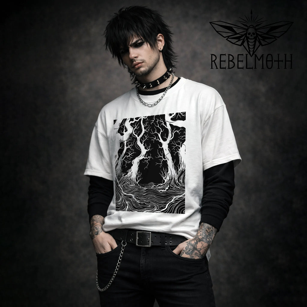 White gothic t-shirt with dark forest trees woodcut roots graphic in white, hypnotic root linework