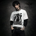 White gothic t-shirt with dark forest trees woodcut roots graphic in white, hypnotic root linework