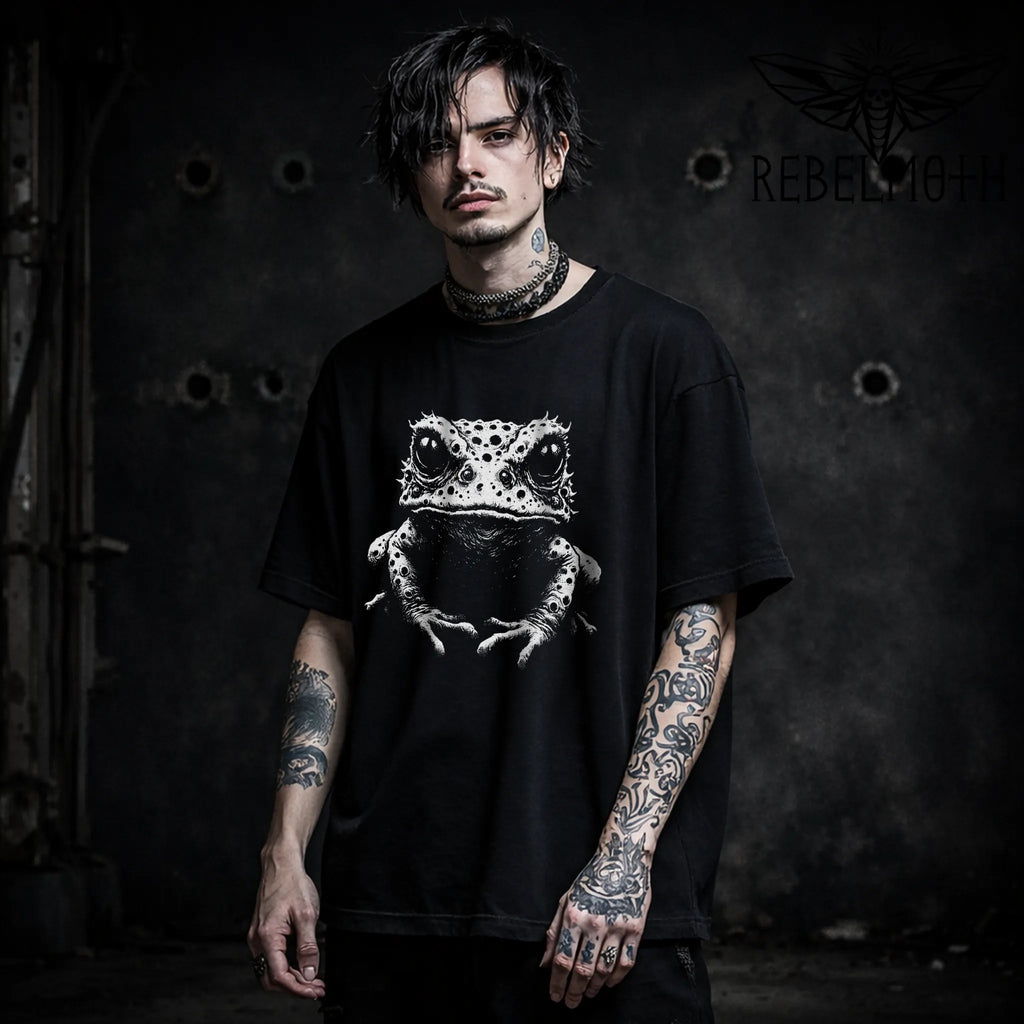 Black weird goth frog T-shirt with white alternative graphic design by RebelMoth