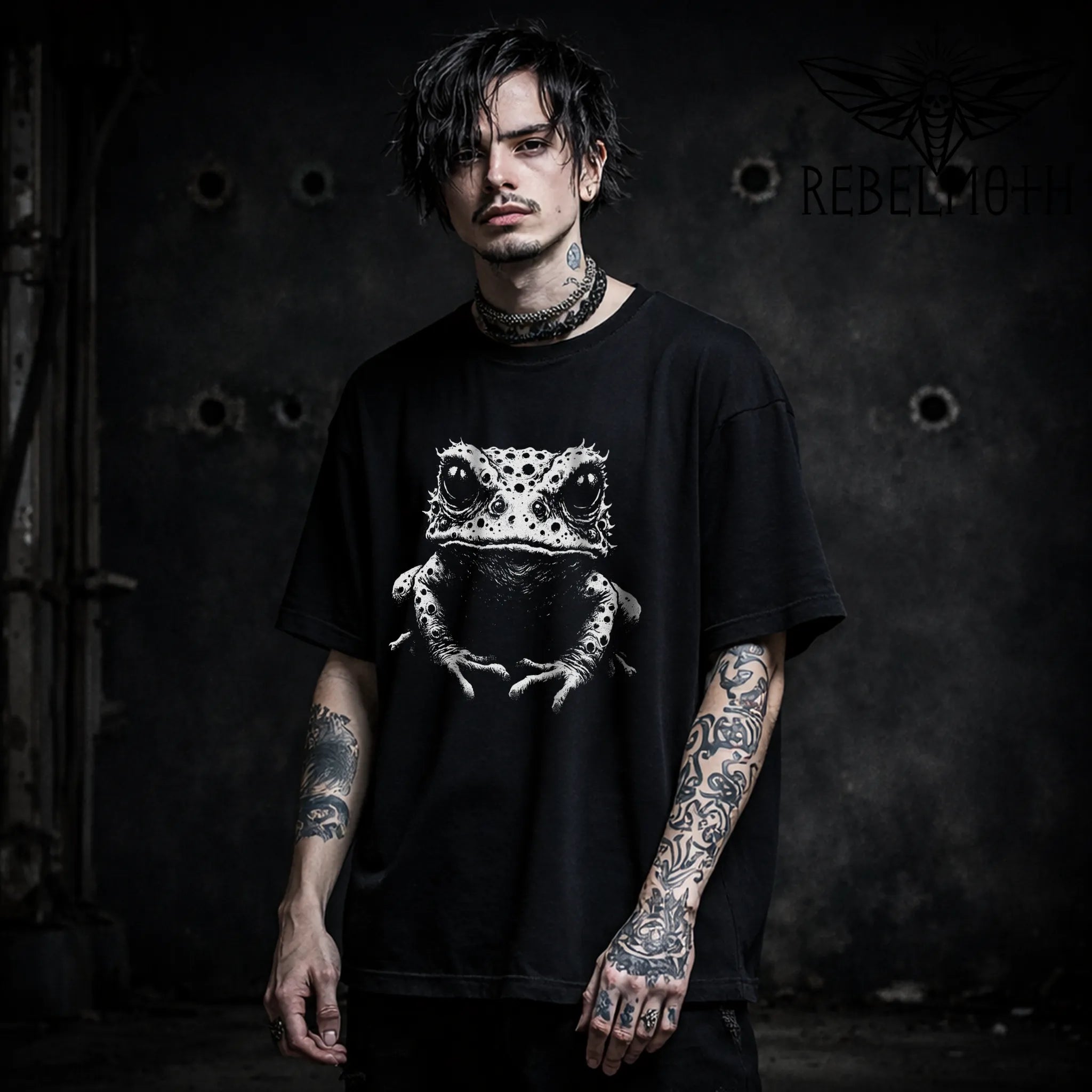 Black weird goth frog T-shirt with white alternative graphic design by RebelMoth