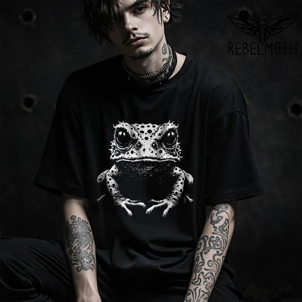 Black weird goth frog T-shirt with white alternative graphic design by RebelMoth