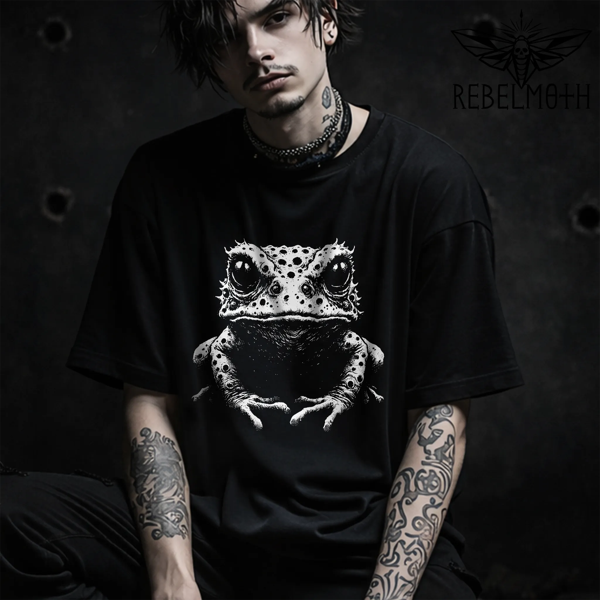 Black weird goth frog T-shirt with white alternative graphic design by RebelMoth