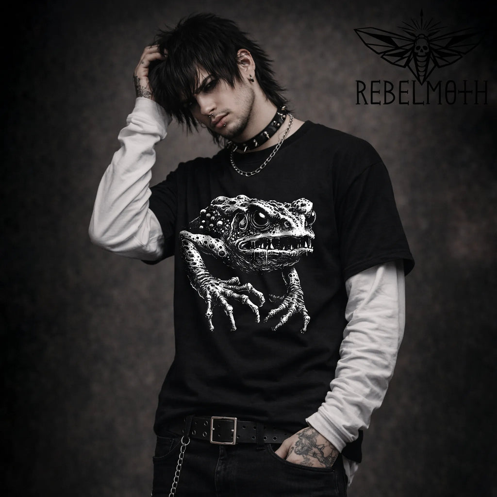 Black horror frog T-shirt with grotesque white creature graphic by RebelMoth