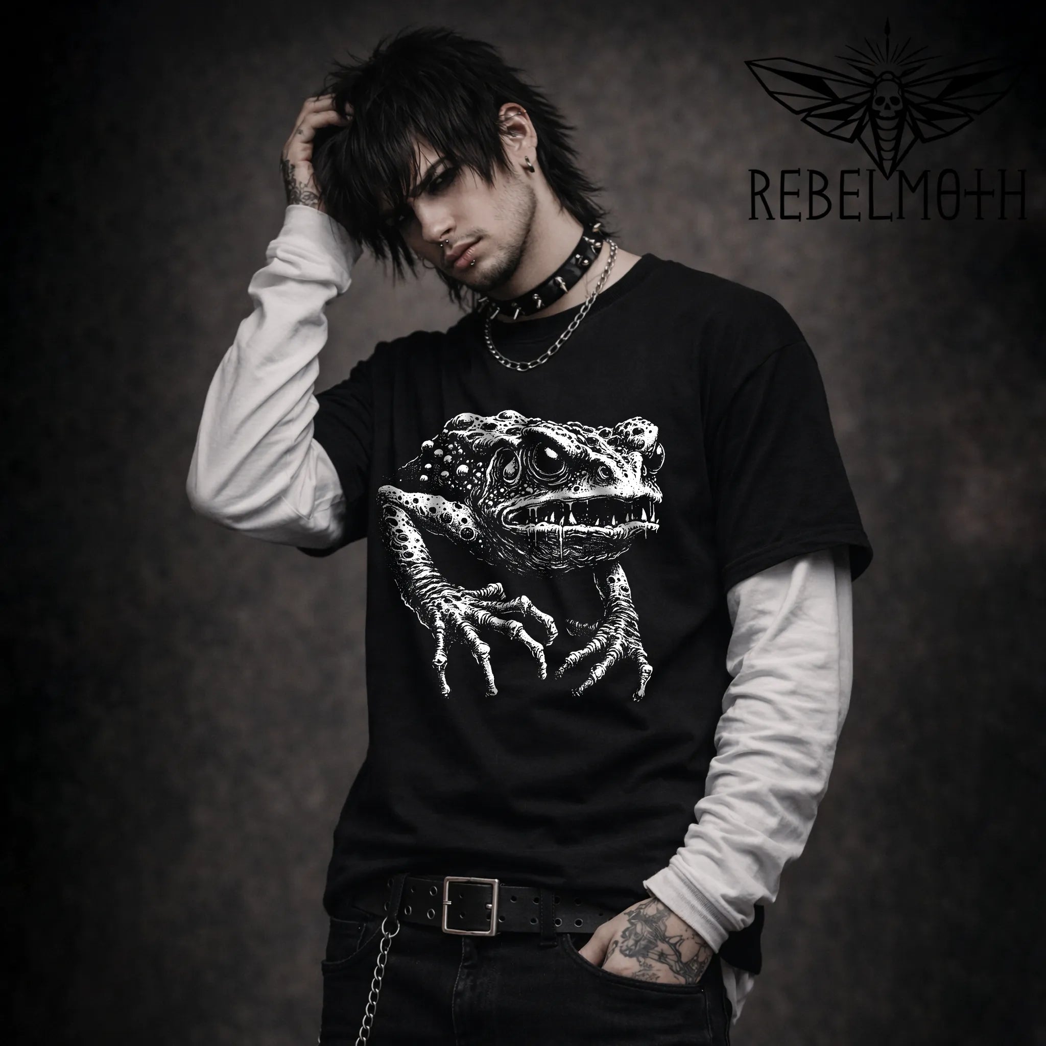 Black horror frog T-shirt with grotesque white creature graphic by RebelMoth